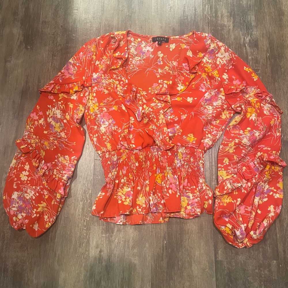 1. STATE foral ruffle long sleeve blouse